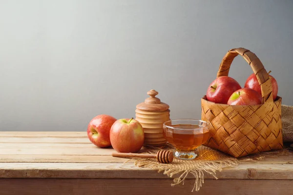 Jewish Holiday Rosh Hashanah Background Honey Apples Basket Wooden Table — Stock Photo, Image