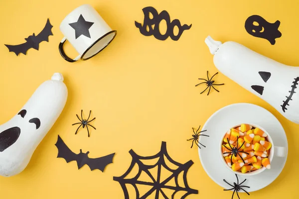 Fundo Férias Halloween Com Jack Lanterna Abóboras Milho Doce Decorações — Fotografia de Stock