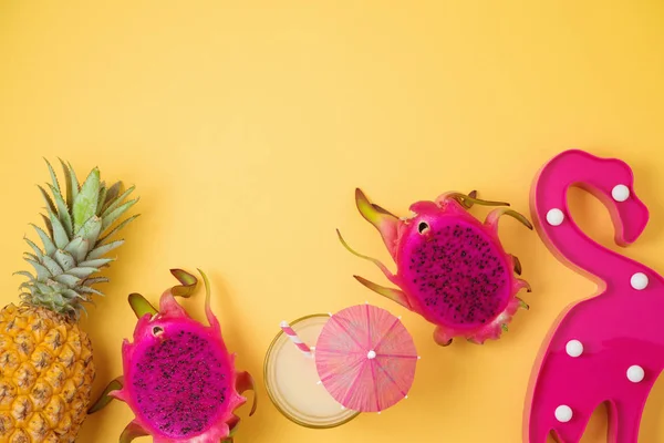 Tropical Summer Background Dragon Fruit Pineapple Party Flamingo Decor View — Stock Photo, Image