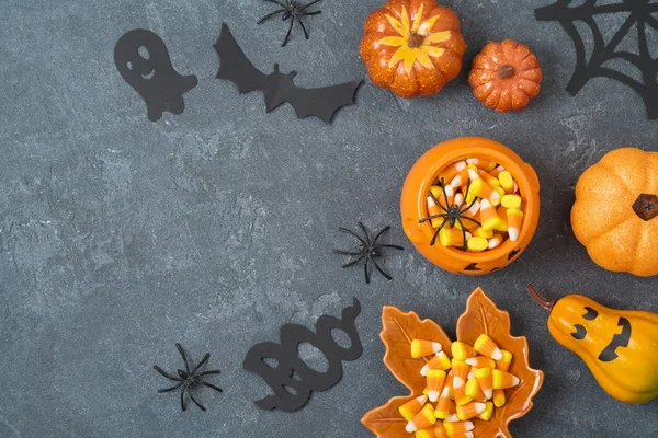 Halloween Fond Vacances Avec Citrouilles Jack Lanterne Maïs Bonbons Décorations — Photo