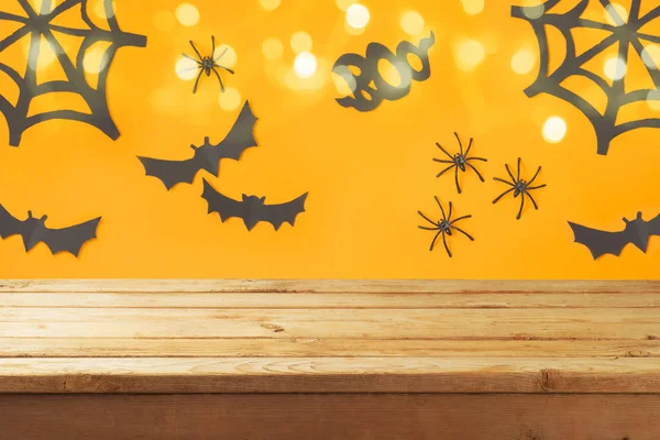 Mesa Madeira Vazia Sobre Decorações Férias Halloween Fundo Com Luzes — Fotografia de Stock