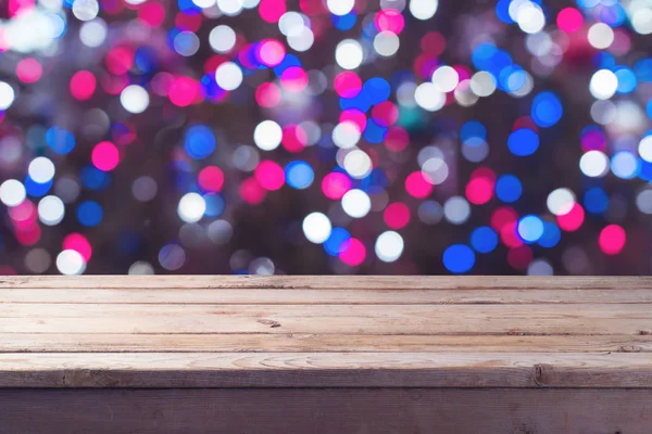 Empty Wooden Table Festive Bokeh Background Christmas Holiday Concept — Stock Photo, Image