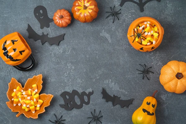 Halloween Holiday Background Jack Lantern Pumpkins Candy Corn Decorations Blackboard — Stock Photo, Image