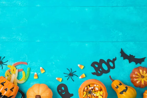 Halloween Sfondo Vacanza Con Jack Lanterna Zucche Caramelle Mais Decorazioni — Foto Stock