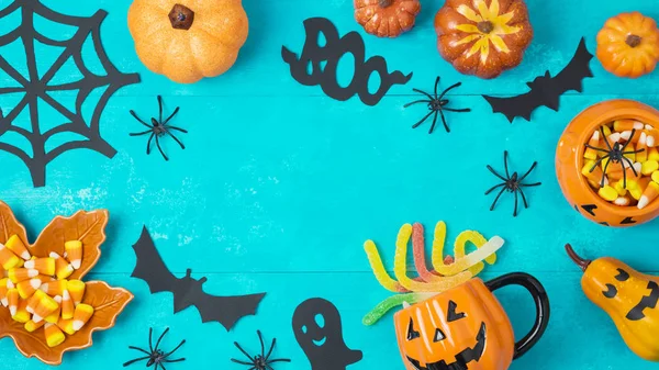 Fondo Vacaciones Halloween Con Calabazas Jack Linterna Maíz Caramelo Decoraciones — Foto de Stock