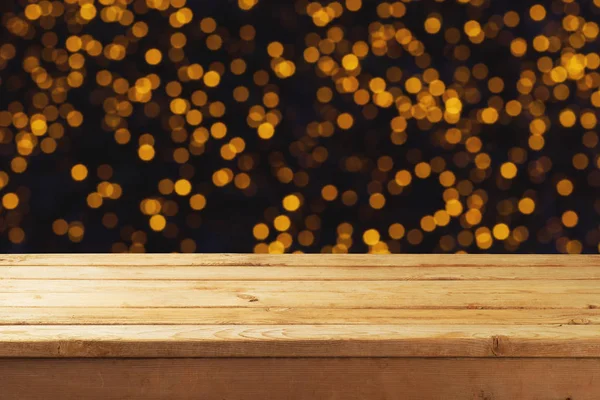 Mesa Madera Vacía Sobre Fondo Bokeh Festivo Concepto Vacaciones Navidad — Foto de Stock