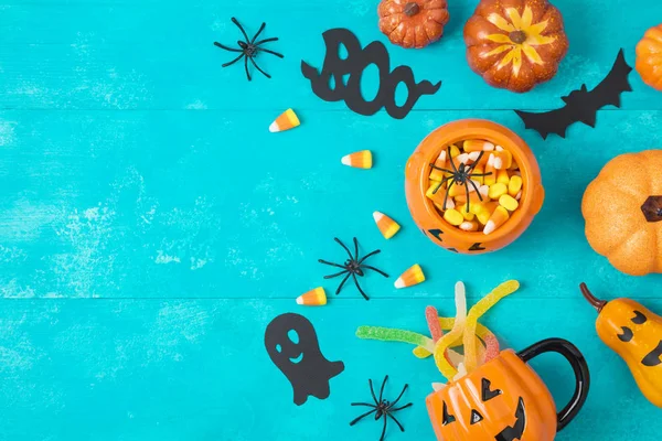 Halloween Sfondo Vacanza Con Jack Lanterna Pumpkis Mais Caramelle Decorazioni — Foto Stock