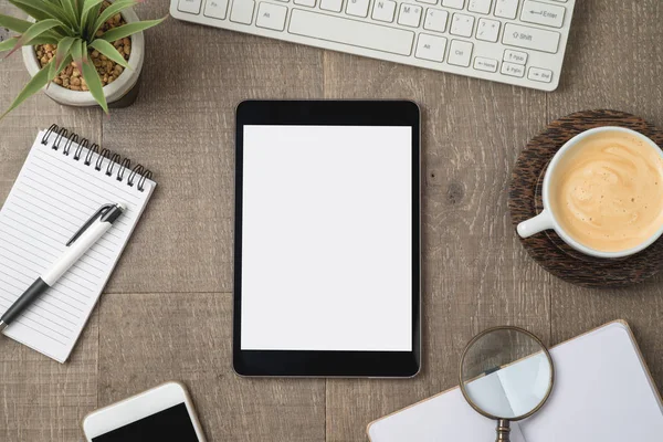 Digital Tablet Mock Wooden Desk View — Stock Photo, Image