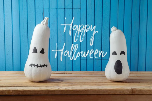 Fondo Vacaciones Halloween Con Personajes Calabaza Jack Linterna Mesa Madera — Foto de Stock