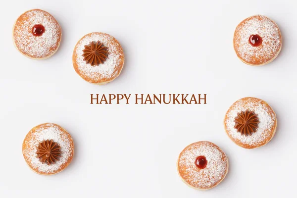 Jüdischer Feiertag Chanukka Sufganiyot Auf Weißem Hintergrund Blick Von Oben — Stockfoto