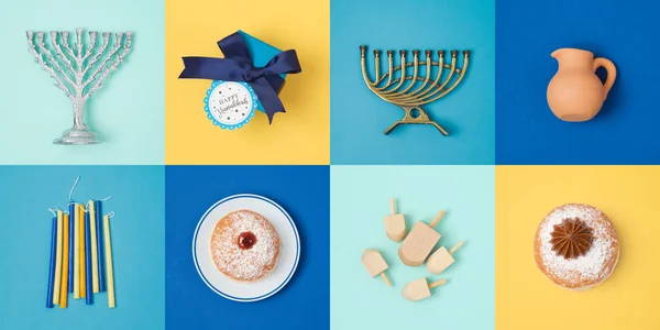 Judiska Högtiden Hanukkah Banner Design Med Menorah Presentask Dreidel Och — Stockfoto