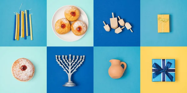 Fiesta Judía Hanukkah Diseño Banner Con Menorah Cajas Regalo Dreidel —  Fotos de Stock