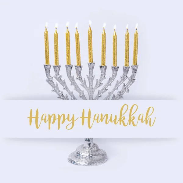 Judiska Högtiden Hanukkah Hälsning Design Med Menorah Vit Bakgrund — Stockfoto