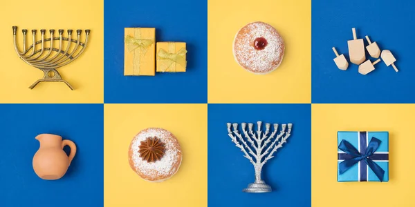 Judiska Högtiden Hanukkah Banner Design Med Menorah Presentaskar Dreidel Och — Stockfoto