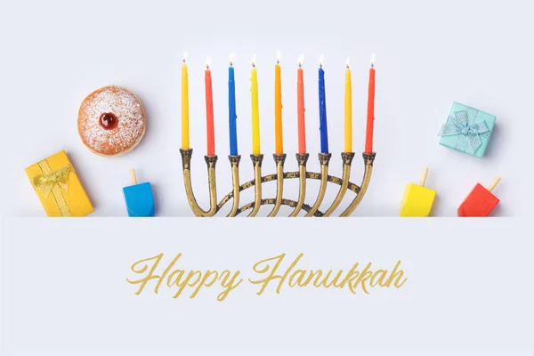 Judiska Högtiden Hanukkah Banner Design Med Menorah Sufganiyot Och Spinning — Stockfoto