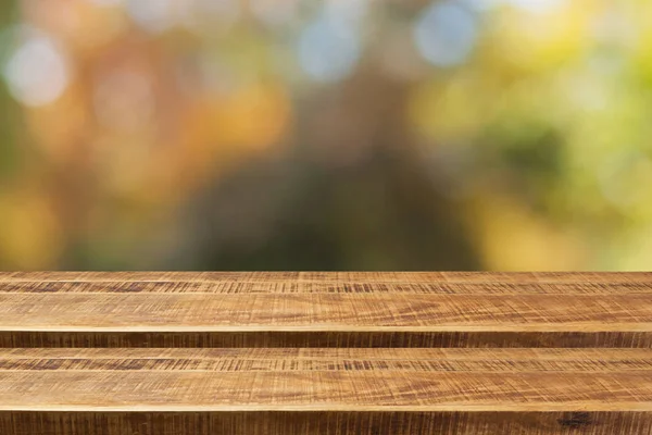 Empty Wooden Step Table Autumn Nature Bokeh Background — Stock Photo, Image