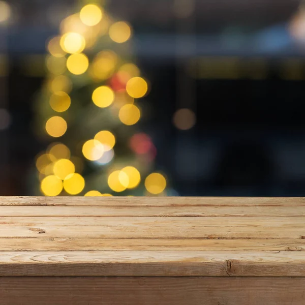 Mesa Madera Vacía Sobre Fondo Luces Bokeh Concepto Vacaciones Navidad —  Fotos de Stock