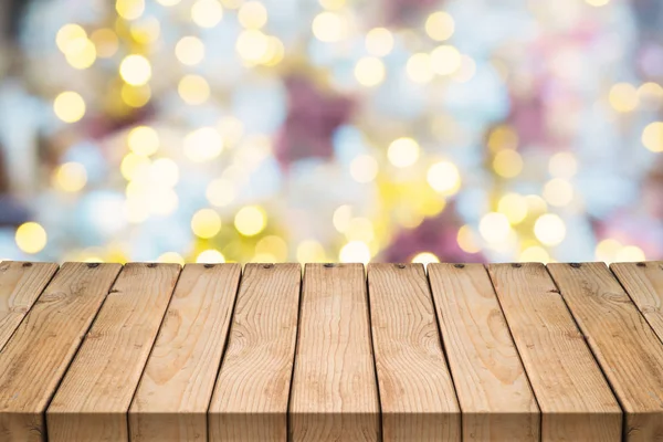 Mesa Madera Vacía Sobre Fondo Bokeh Festivo Concepto Vacaciones Navidad — Foto de Stock