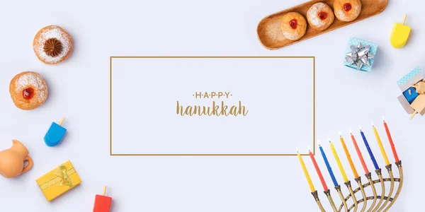 Εβραϊκή Διακοπές Hanukkah Banner Σχεδιασμό Menorah Sufganiyot Και Σβούρες Άσπρο — Φωτογραφία Αρχείου