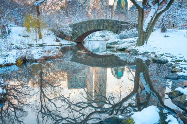 Central Park. New York. ABD'de kış karla kaplı. Gapstow Köprüsü.