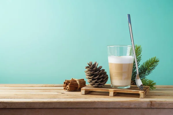 Hot Latte Macchiato Coffee Cop Wooden Table Christmas Menu Concept — Stock Photo, Image