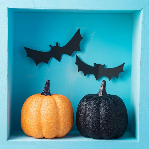 Composition Vacances Halloween Avec Citrouilles Paillettes Chauves Souris Papier Sur — Photo