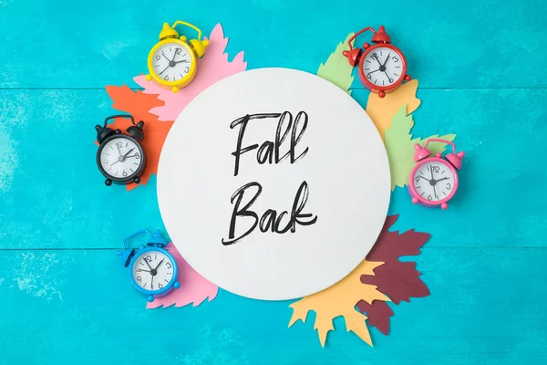 Fall Back Time Change Concept Creative Composition Alarm Clocks Autumn — Stock Photo, Image
