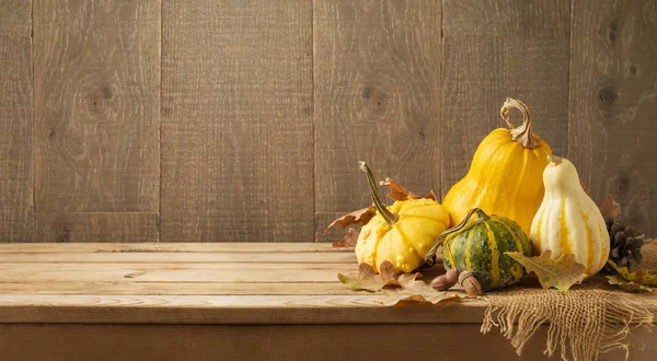 Höstens Skörd Bakgrund Med Pumpor Och Squash Träbord Thanksgiving Semester — Stockfoto