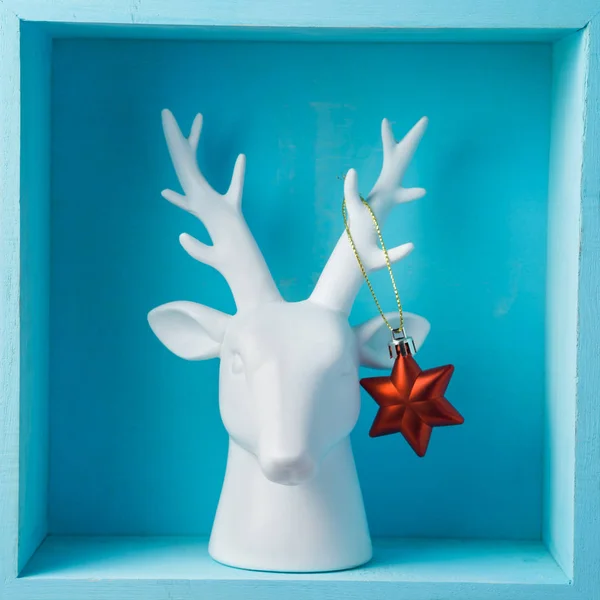 Christmas Holiday Composition Reindeer Decoration Wooden Shelf — Stock Photo, Image