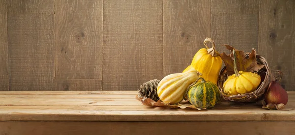 Autumn Harvest Background Pumpkins Squashes Wooden Table Thanksgiving Holiday Concept — Stock Photo, Image