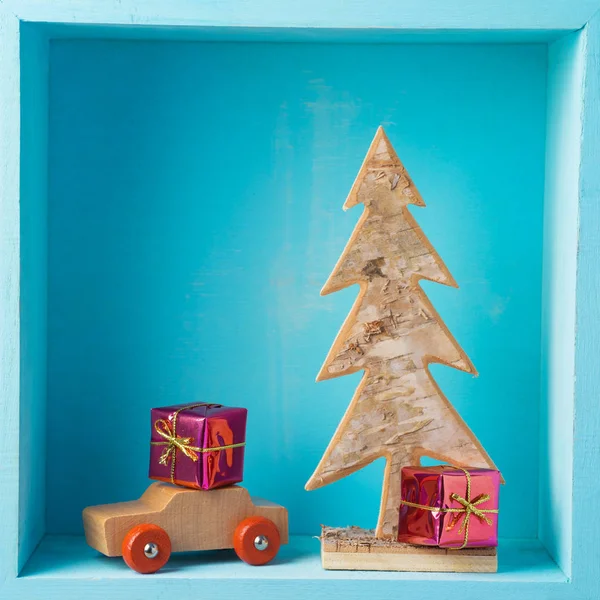 Composition Des Vacances Noël Avec Sapin Voiture Jouet Petites Boîtes — Photo