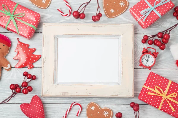 Fundo Férias Natal Com Caixas Presente Moldura Fotos Decorações Mesa — Fotografia de Stock