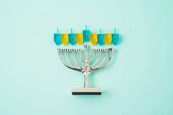 Jewish Holiday Hanukkah Background Menorah Spinning Tops Top View Flat — Stock Photo, Image