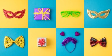 Karnaval maske ve hediye kutuları ile karnaval parti en az kavramı arka plan. Üstten görünüm yukarıdan. Düz yatıyordu