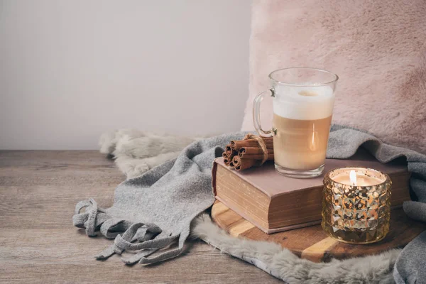 Hygge Scandinavian Style Concept Latte Macchiato Coffee Cup Candle Book — Stock Photo, Image