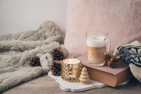 Hygge Scandinavian Style Concept Latte Macchiato Coffee Cup Candles Book — Stock Photo, Image