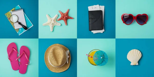 Travel Holiday Vacation Minimal Concept Beach Travel Items Top View — Stock Photo, Image