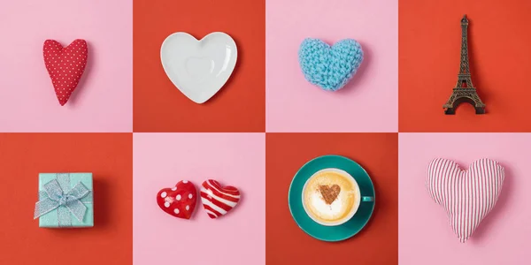 Concepto Mínimo San Valentín Con Formas Corazón Caja Regalo Taza —  Fotos de Stock