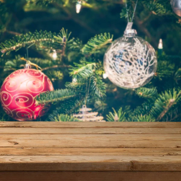 Boże Narodzenie Tło Pusty Drewniany Stół Nad Ozdoby Choinkowe — Zdjęcie stockowe