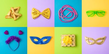 Yahudi tatil Purim arka plan karnaval maske, hamantaschen Çerezler ile. En az kavramı. Üstten üstten görünüm