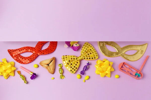 Fiesta Judía Purim Fondo Con Máscaras Carnaval Galletas Hamantaschen Vista — Foto de Stock