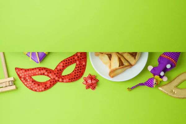 Židovský Svátek Purim Pozadí Karnevalové Masky Hamantaschen Soubory Cookie Pohled — Stock fotografie
