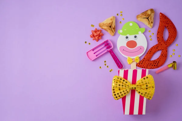 Fiesta Judía Purim Fondo Con Máscara Carnaval Payaso Papel Galletas —  Fotos de Stock