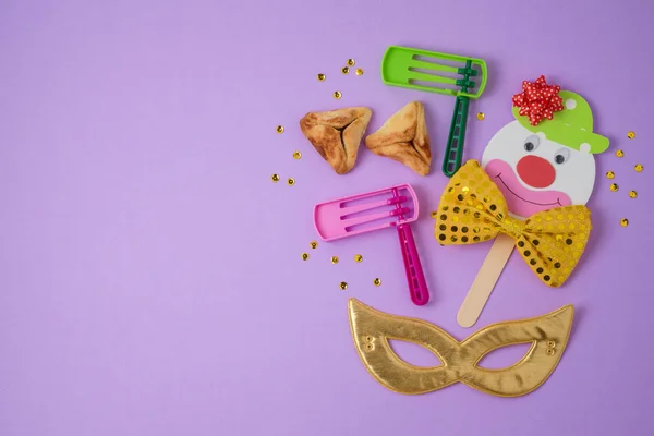 Férias Judaicas Purim Fundo Com Personagem Palhaços Papel Bonito Biscoitos — Fotografia de Stock