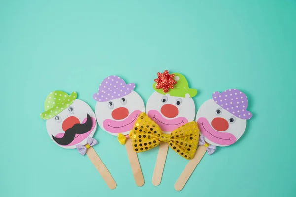 Cute Paper Clowns Characters Blue Background Top View Flat Lay — Stock Photo, Image