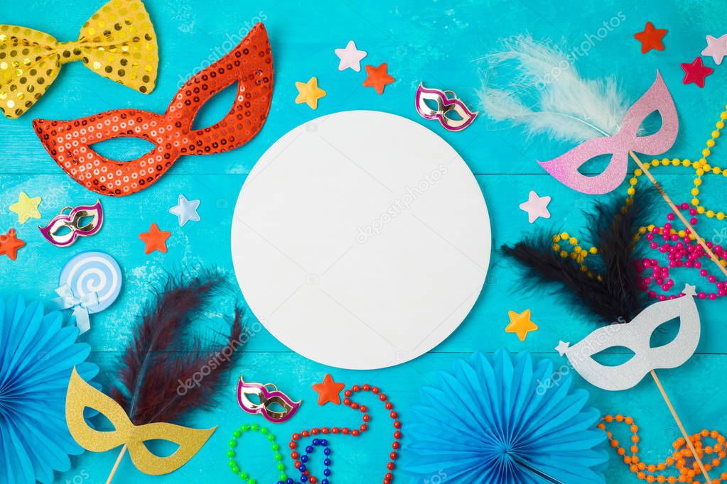 Carnival  background with carnival masks. Top view from above