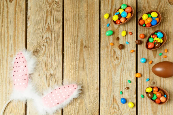 Pasen Vakantie Achtergrond Met Chocolade Eieren Bunny Oren Bovenaanzicht Van — Stockfoto