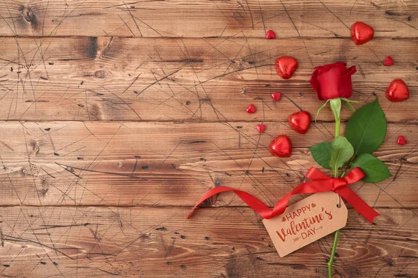 Valentine Day Concept Rose Flower Heart Shape Chocolates Wooden Background — Stock Photo, Image