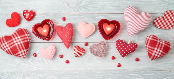 Valentinstag Banner Hintergrund Mit Herzformen Und Kerzen Ansicht Von Oben — Stockfoto