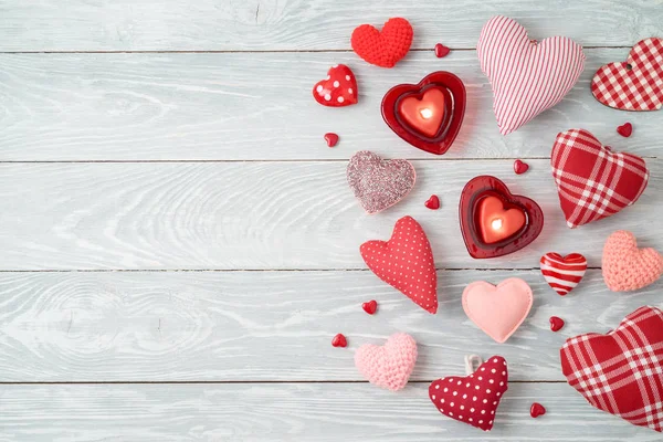 Valentine Day Background Heart Shapes Candles Top View Flat Lay — Stock Photo, Image